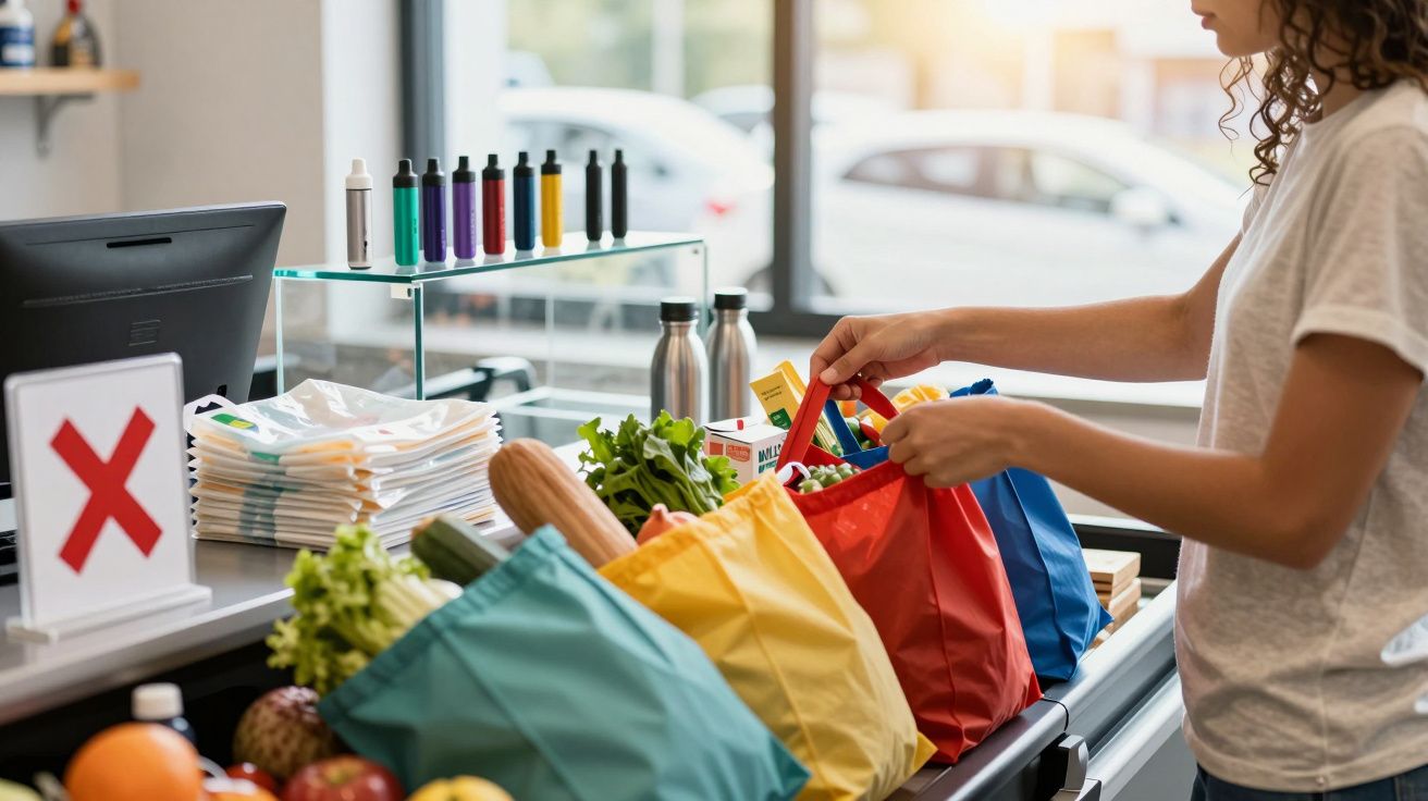 Pessoa colocando sacola colorida com compras no caixa de supermercado, com legumes e verduras à vista.