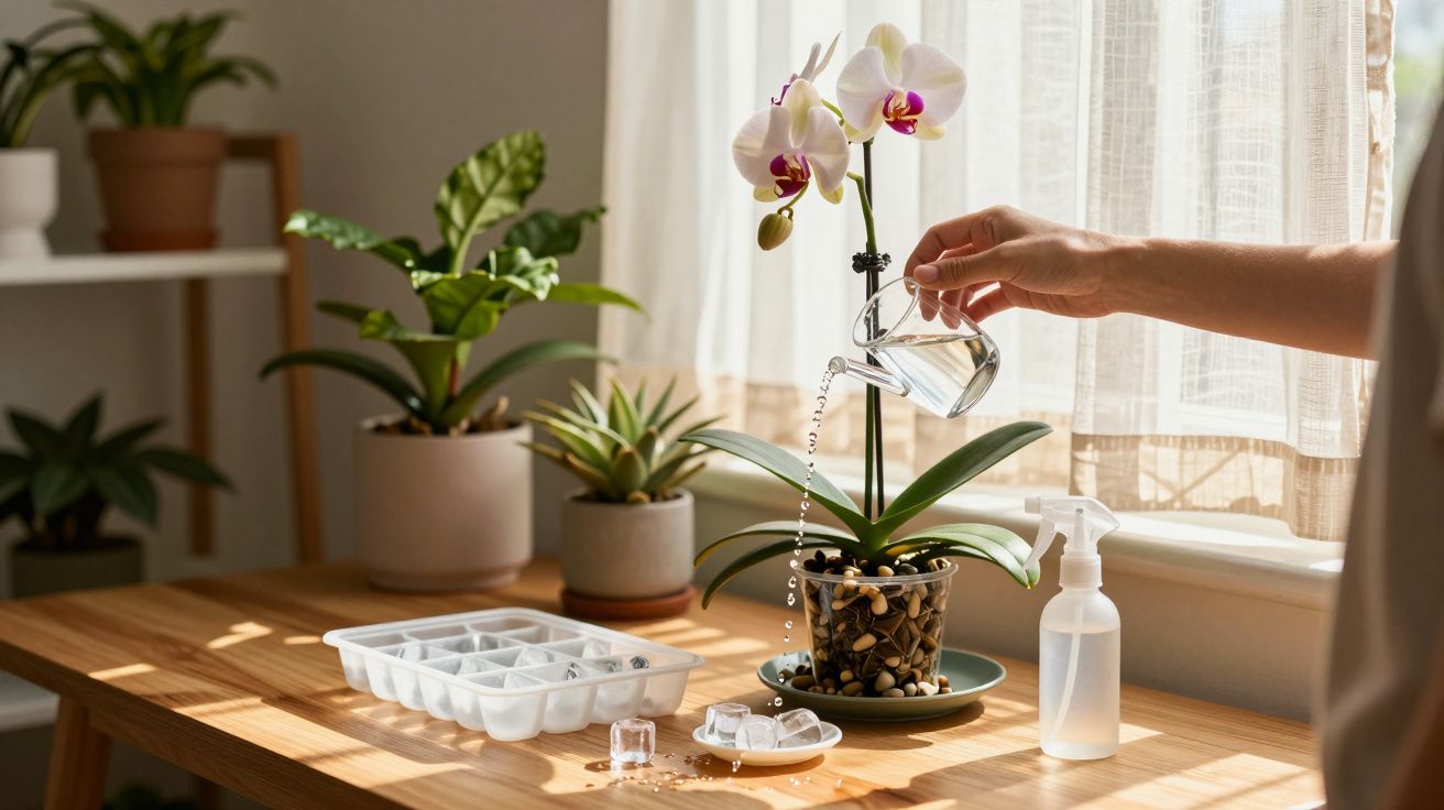Mão regando orquídea com jarra em vaso transparente sobre mesa de madeira com plantas e gelo.