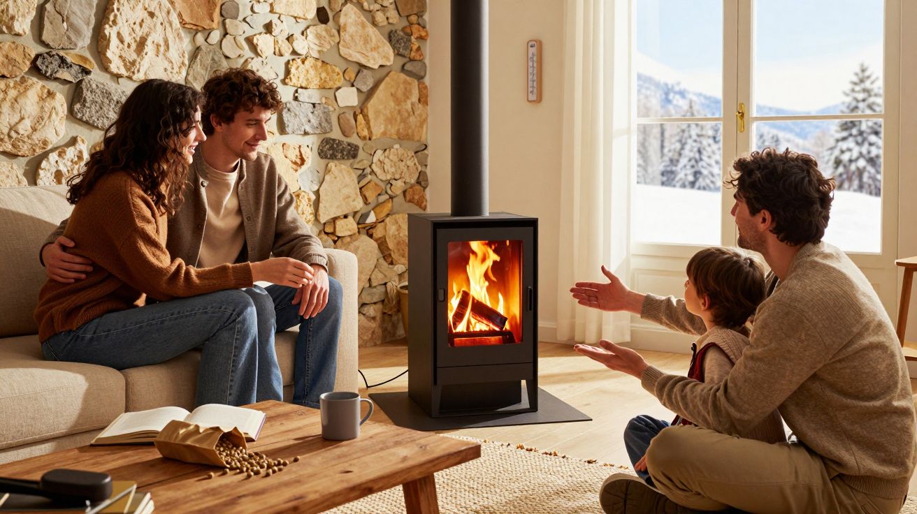 Família reunida em sala aconchegante com lareira acesa, janela mostra paisagem nevada ao fundo.