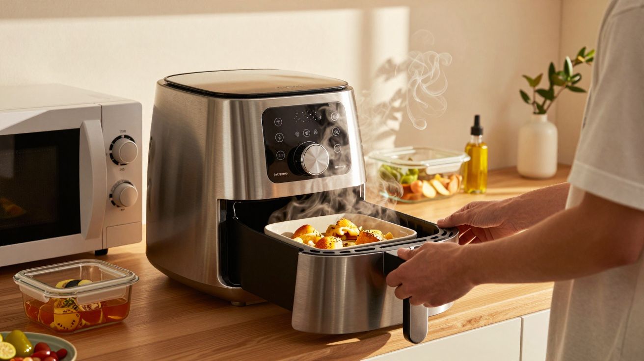 Pessoa retirando assadeira com batatas quentes e vapor de fritadeira elétrica na cozinha.