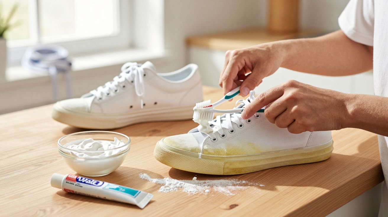 Pessoa limpando tênis branco sujo com escova de dentes e pasta de dente sobre mesa de madeira.