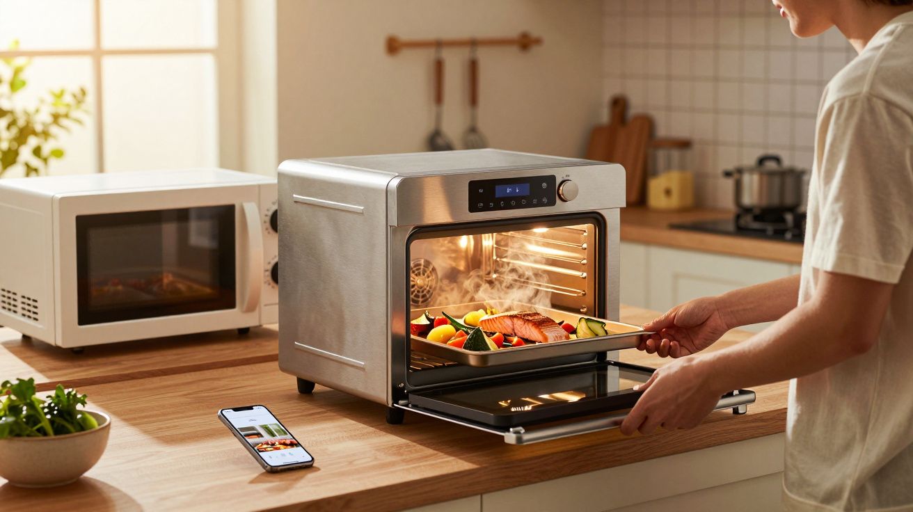 Pessoa retirando uma assadeira com legumes e peixe de forno elétrico em bancada de cozinha moderna.