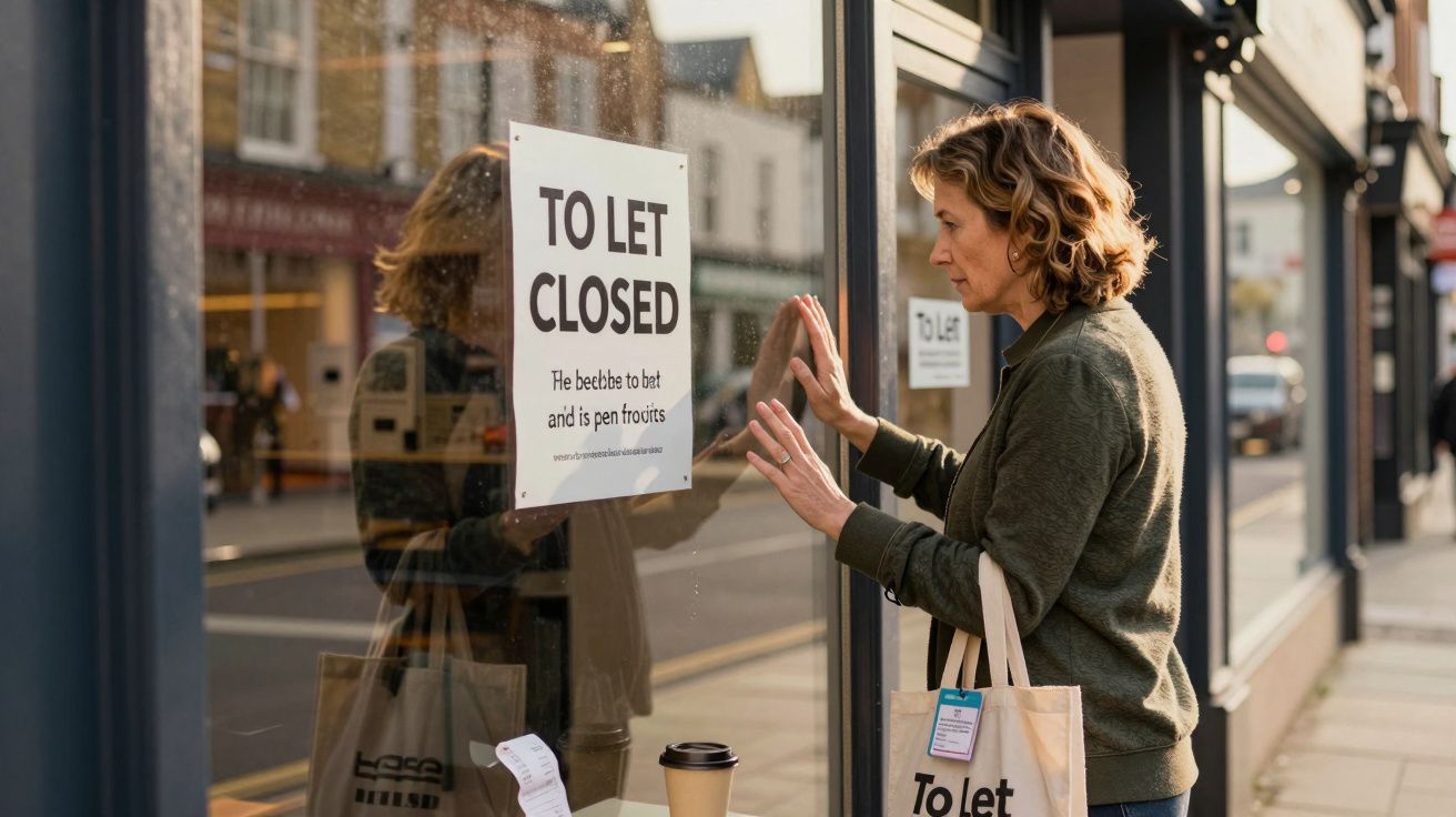 Mulher observa vitrine com placa escrita "To Let Closed" em uma rua comercial vazia.