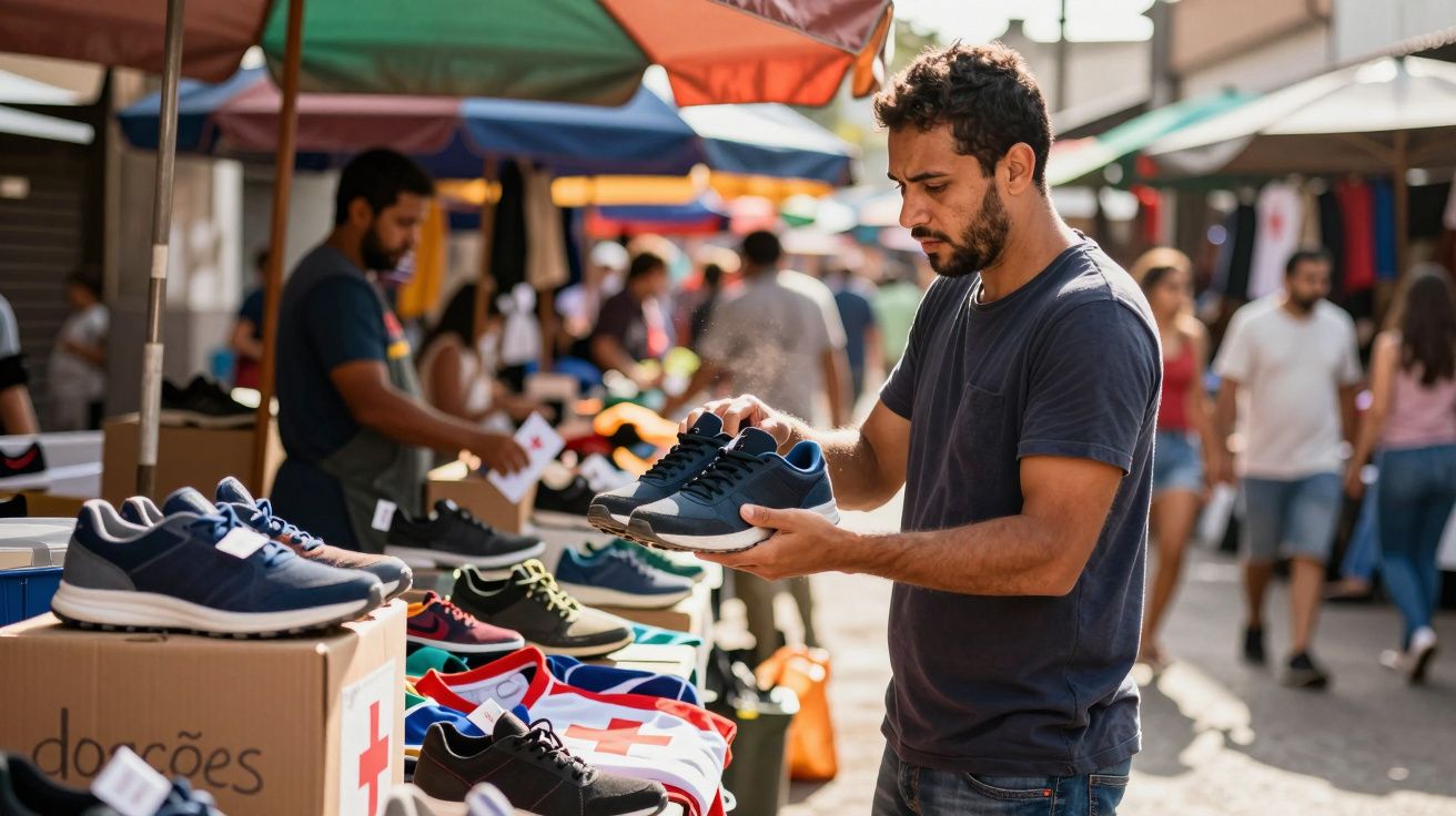Homem olhando tênis à venda em feira ao ar livre em dia ensolarado com outras pessoas ao fundo.