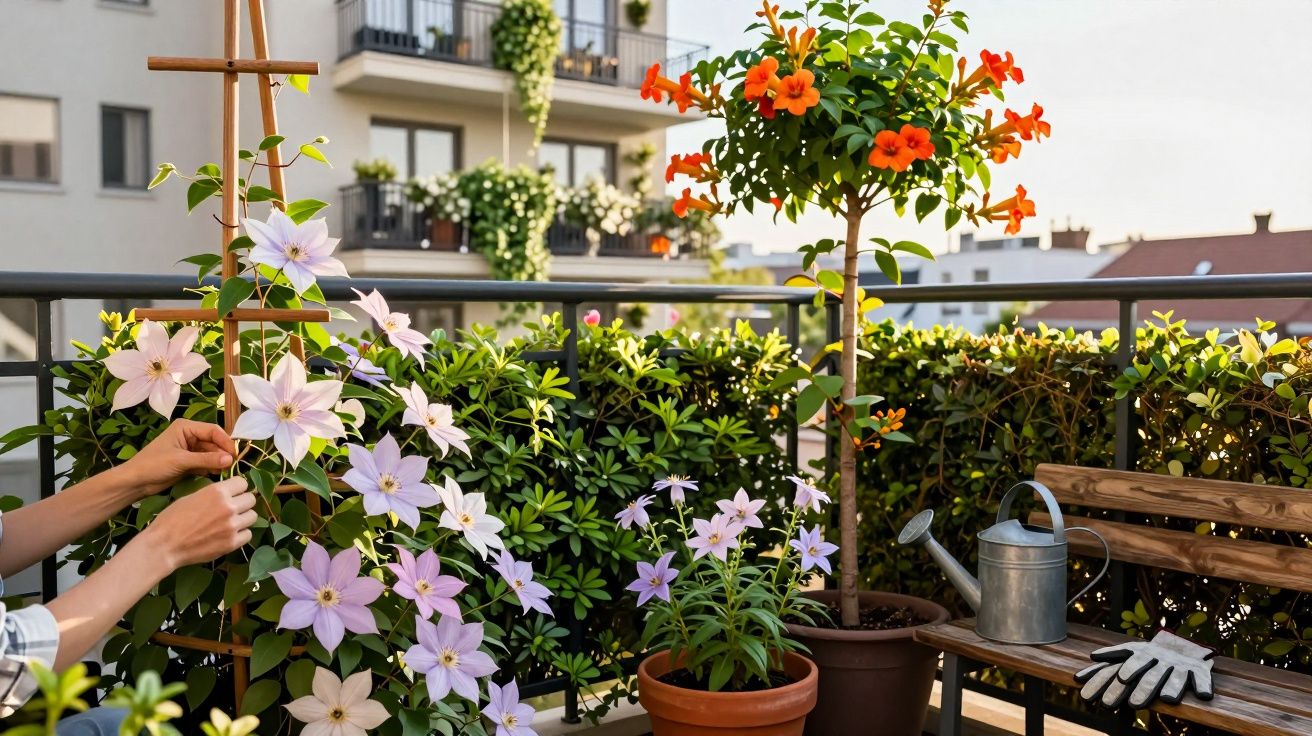 Pessoas cuidando de plantas com flores lilases e laranja em varanda de apartamento ensolarada.