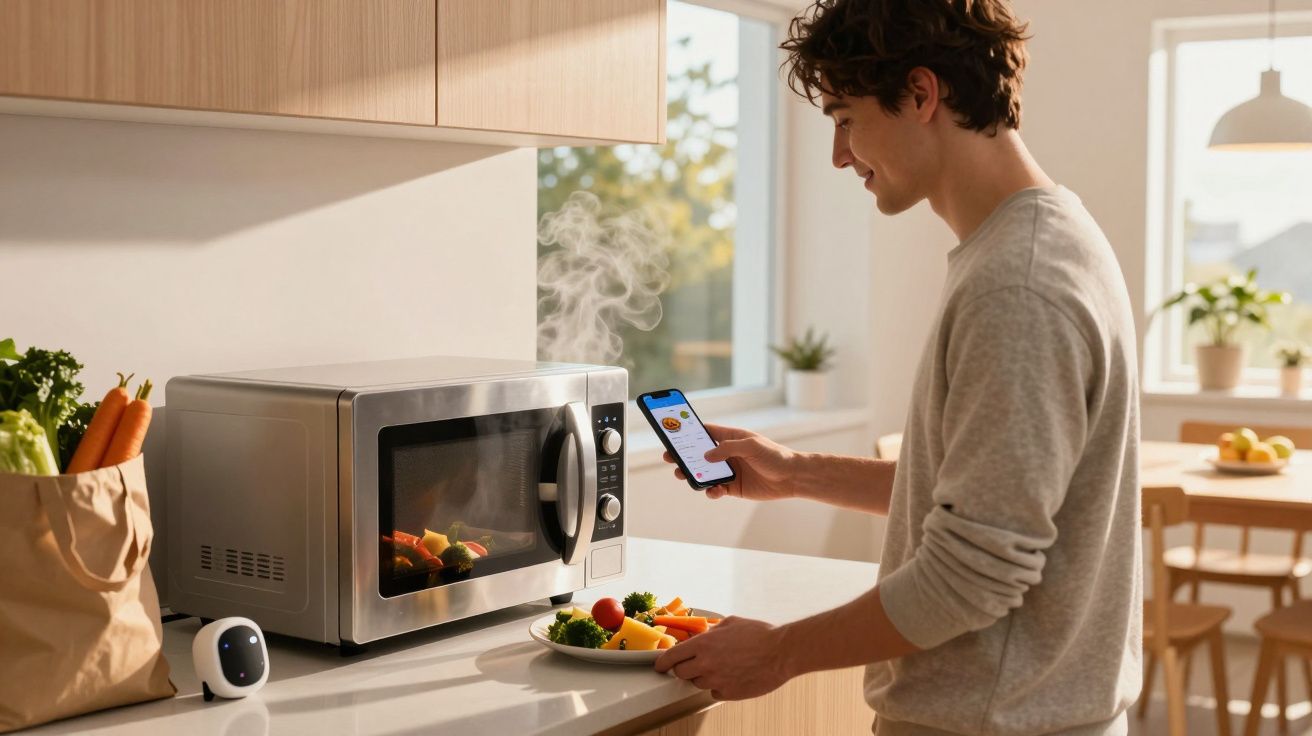 Homem usando smartphone para controlar micro-ondas enquanto retira prato com legumes cozidos na cozinha.
