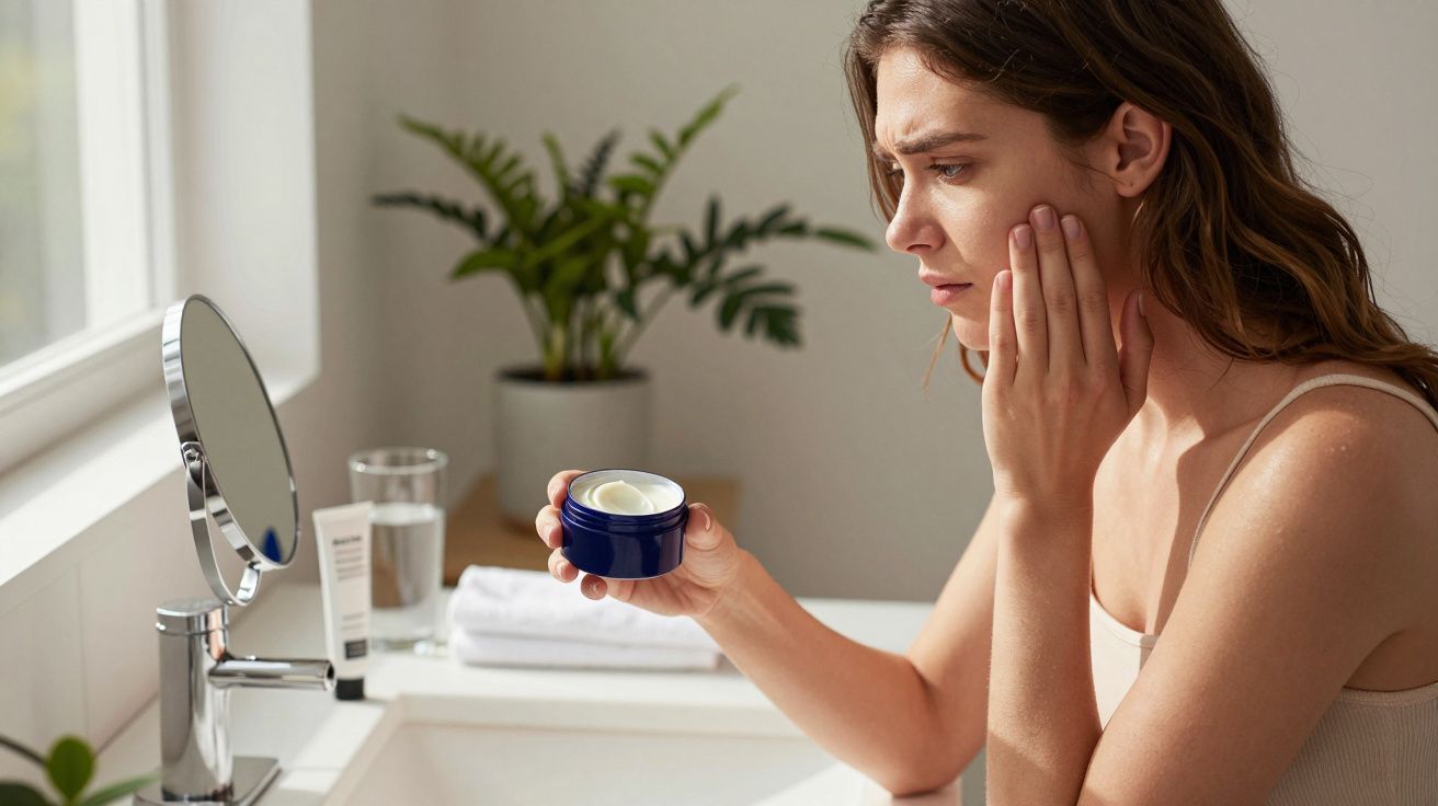 Mulher olhando no espelho com expressão preocupada, segurando creme facial em banheiro iluminado.