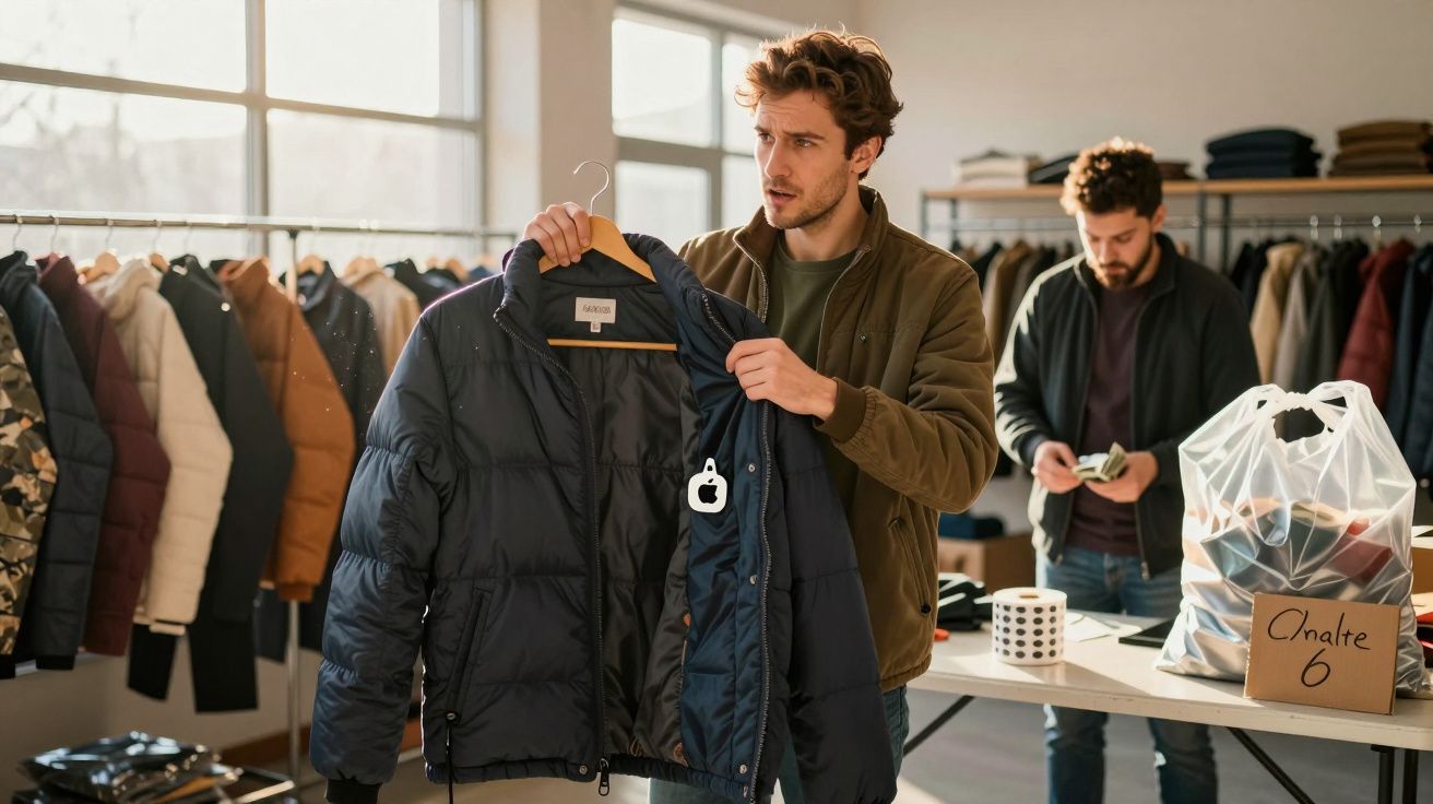 Homem segurando jaqueta preta em loja de roupas com outra pessoa ao fundo contando dinheiro.