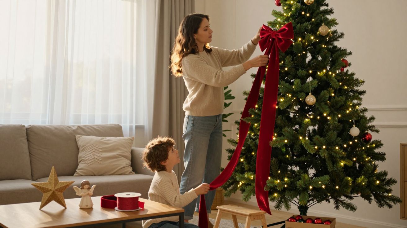 Mulher e criança decorando árvore de Natal com laço vermelho em sala aconchegante iluminada.