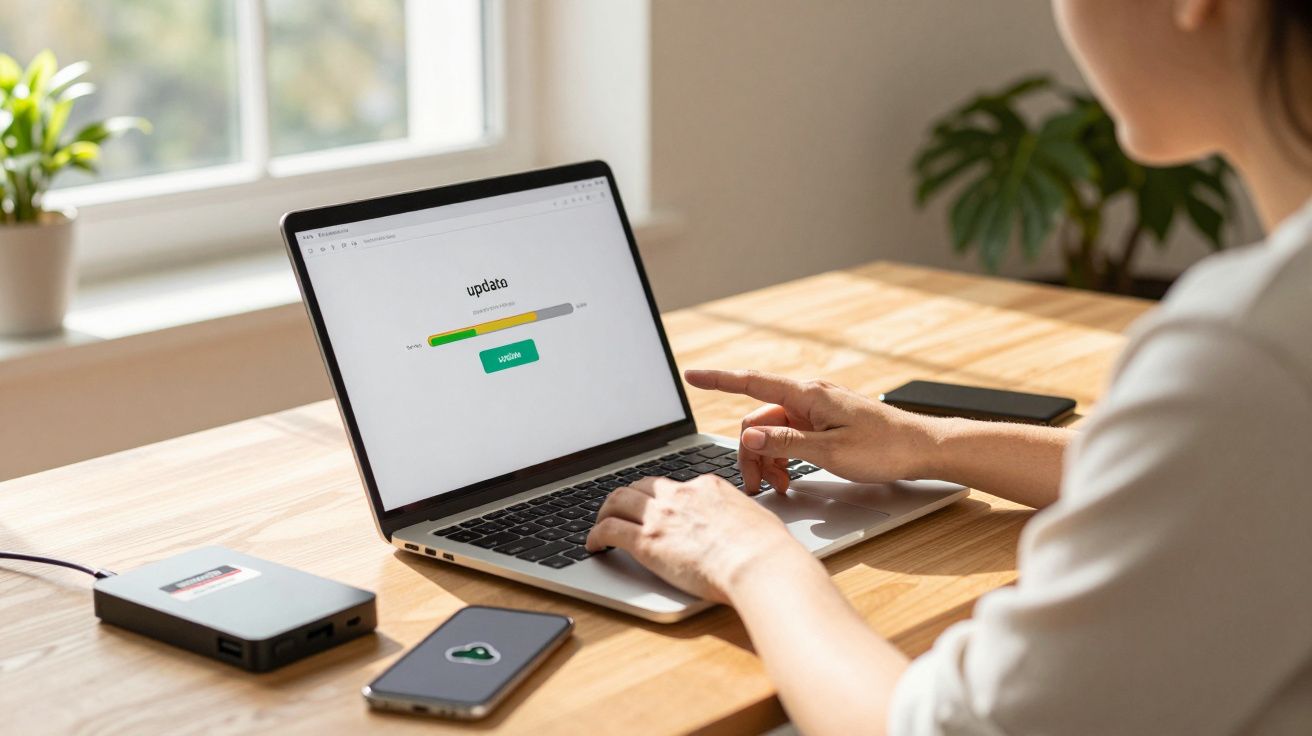 Pessoa atualizando software no laptop em mesa de madeira com celular e acessórios ao redor.