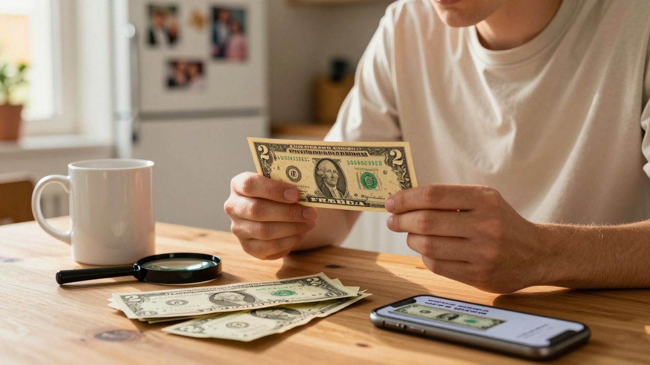 Pessoa segurando nota de dois dólares em mesa com outras notas, lupa, caneca e celular exibindo imagem de dinheiro.