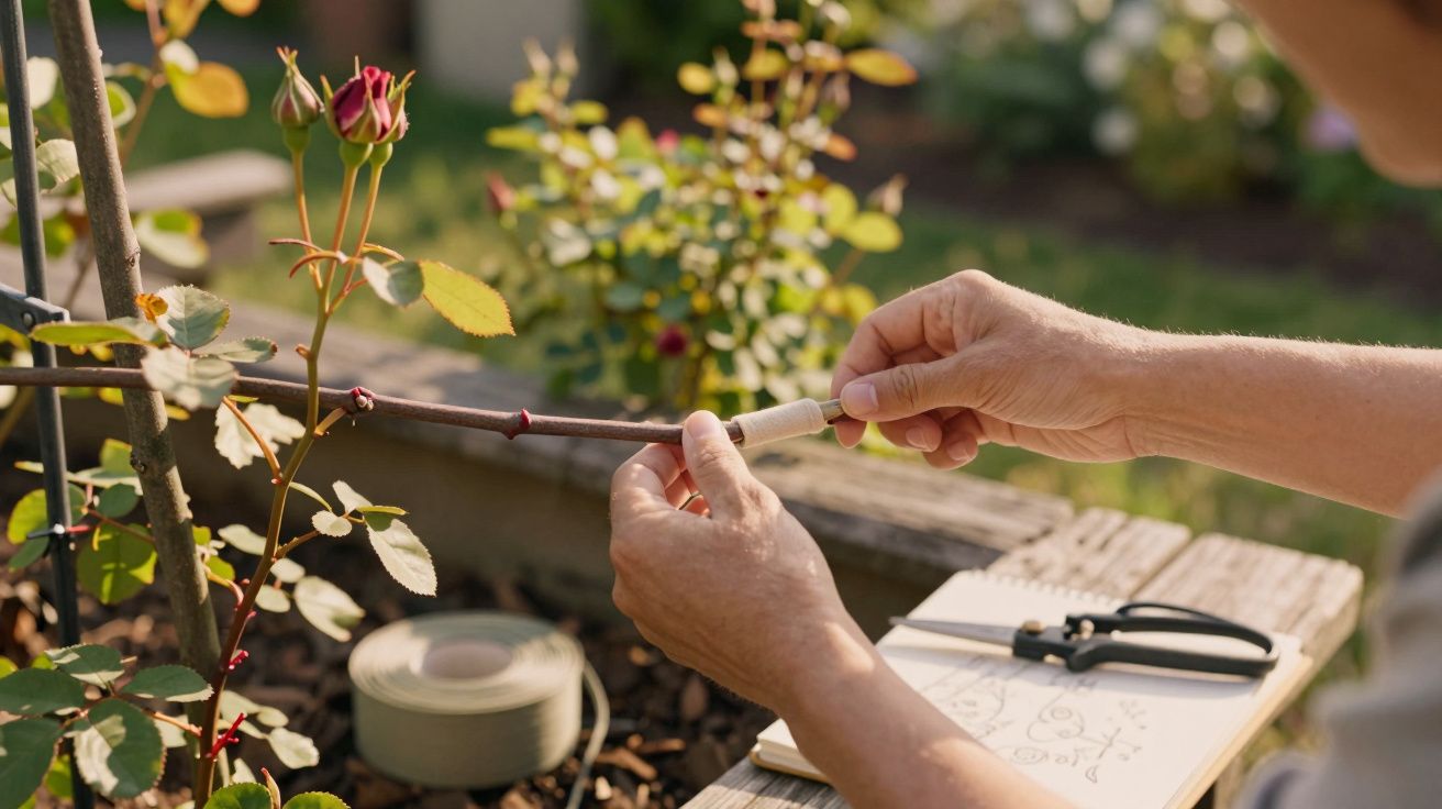 Mãos de uma pessoa envolvem um galho de rosa com fita adesiva em um jardim ao ar livre.