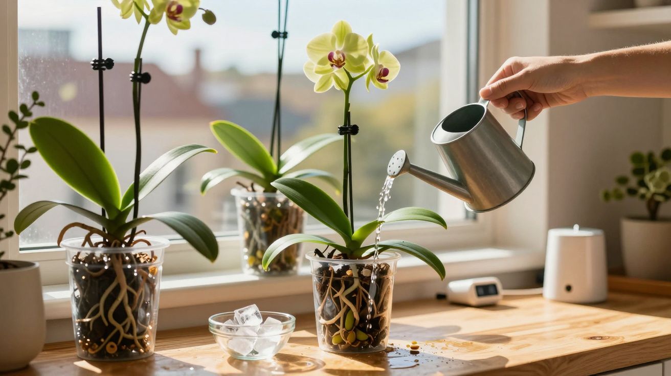 Pessoa regando orquídea em vaso transparente sobre mesa de madeira perto da janela ensolarada.