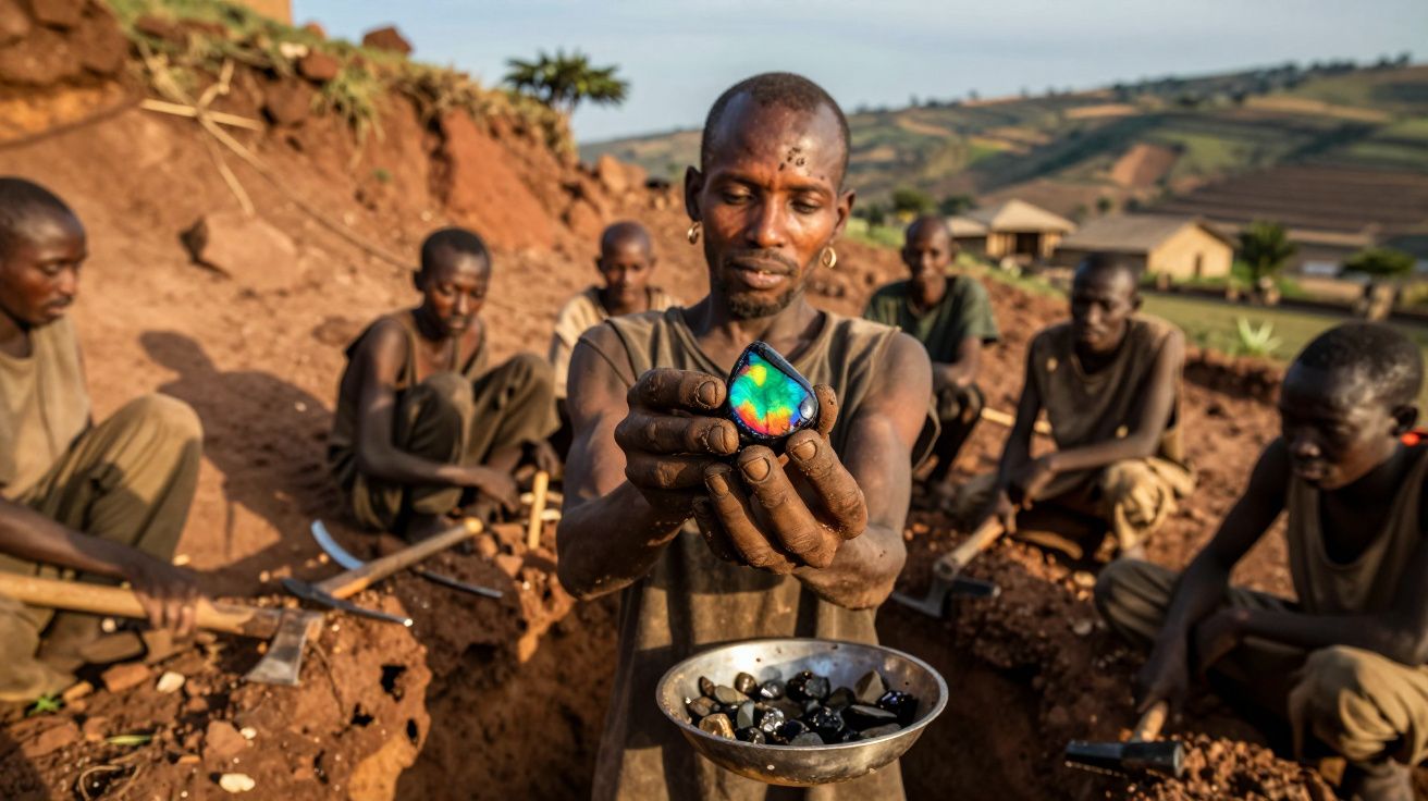 Homem segura pedra colorida brilhante em mina com outras pessoas cavando ao fundo na terra vermelha.
