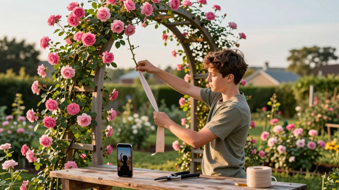 Garoto amarrando fita em arco de madeira decorado com rosas cor-de-rosa em jardim ao pôr do sol.
