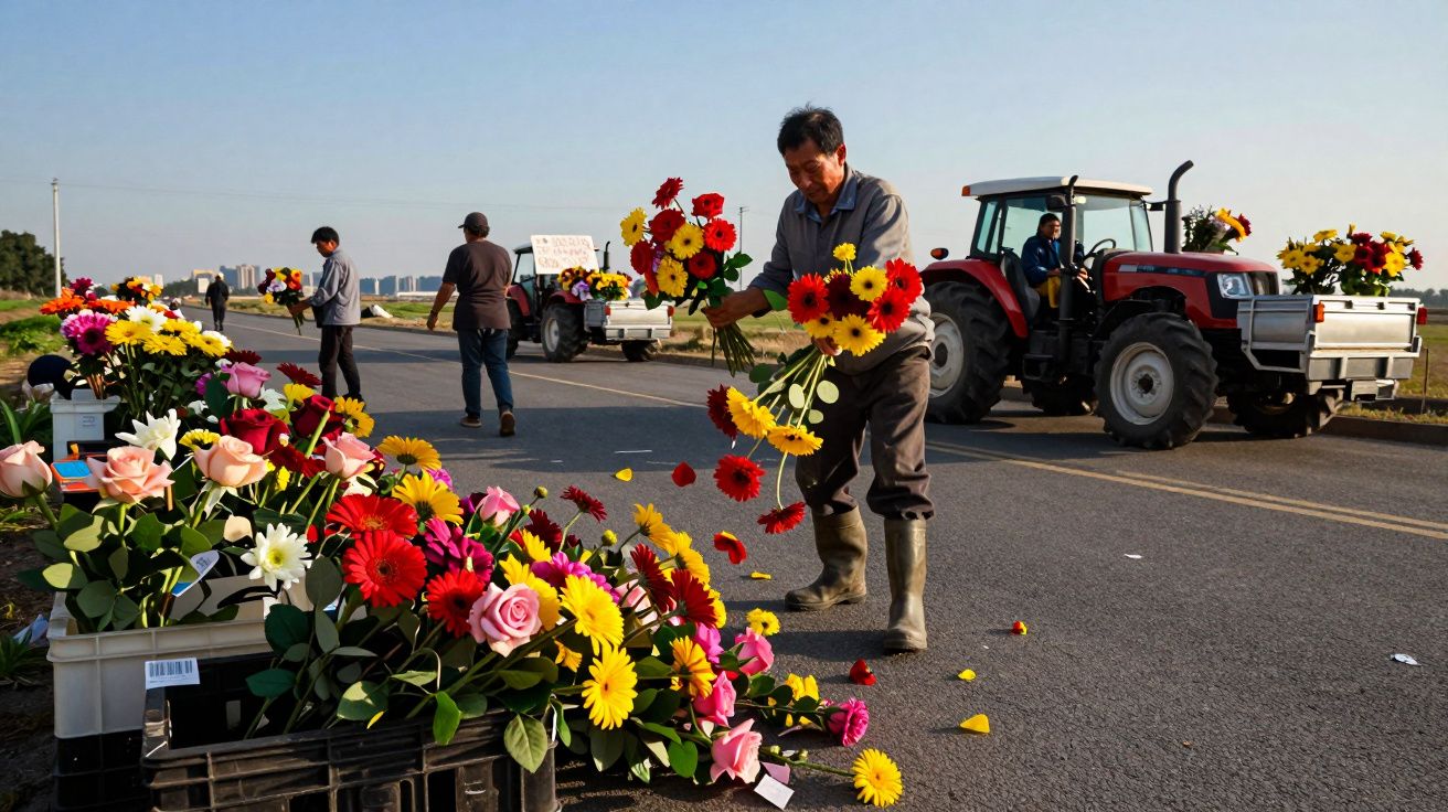 Homem arrumando buquês de flores coloridas à beira da estrada com tratores e pessoas ao fundo.