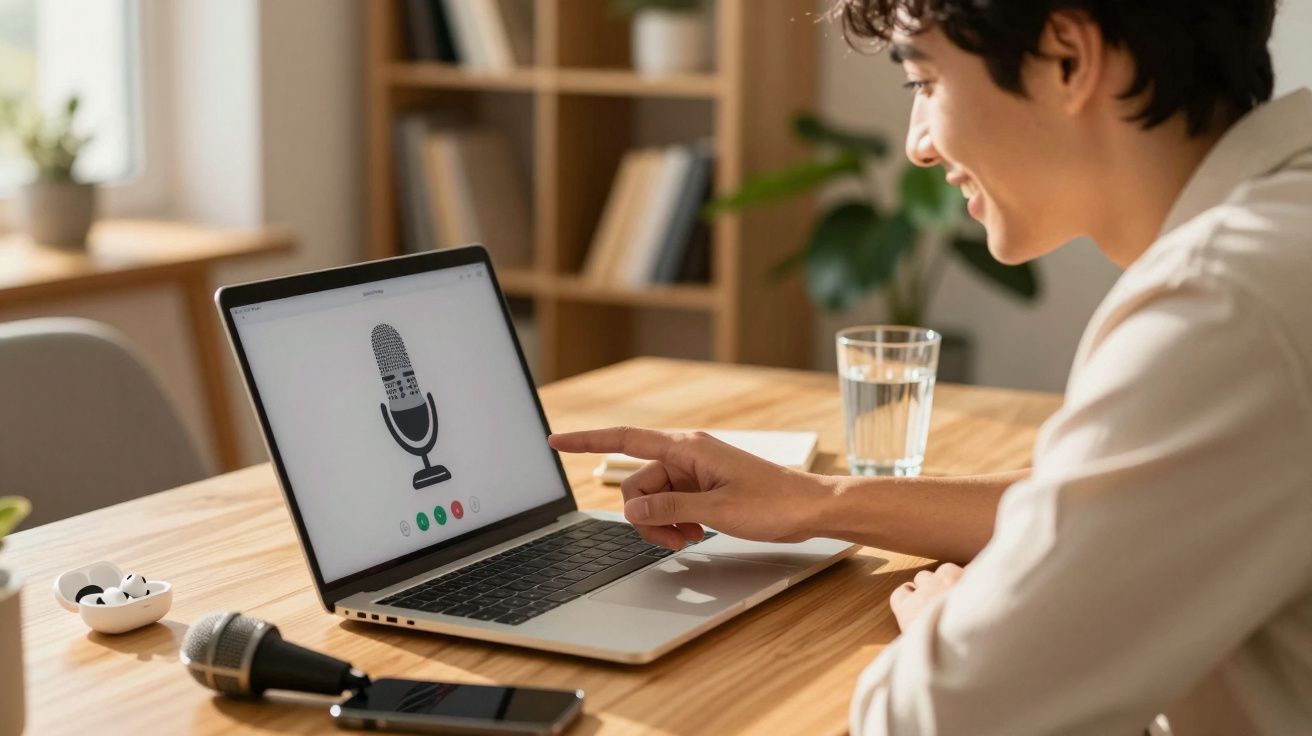 Pessoa sorrindo usando laptop com imagem de microfone, microfone físico, fones e celular sobre mesa de madeira.