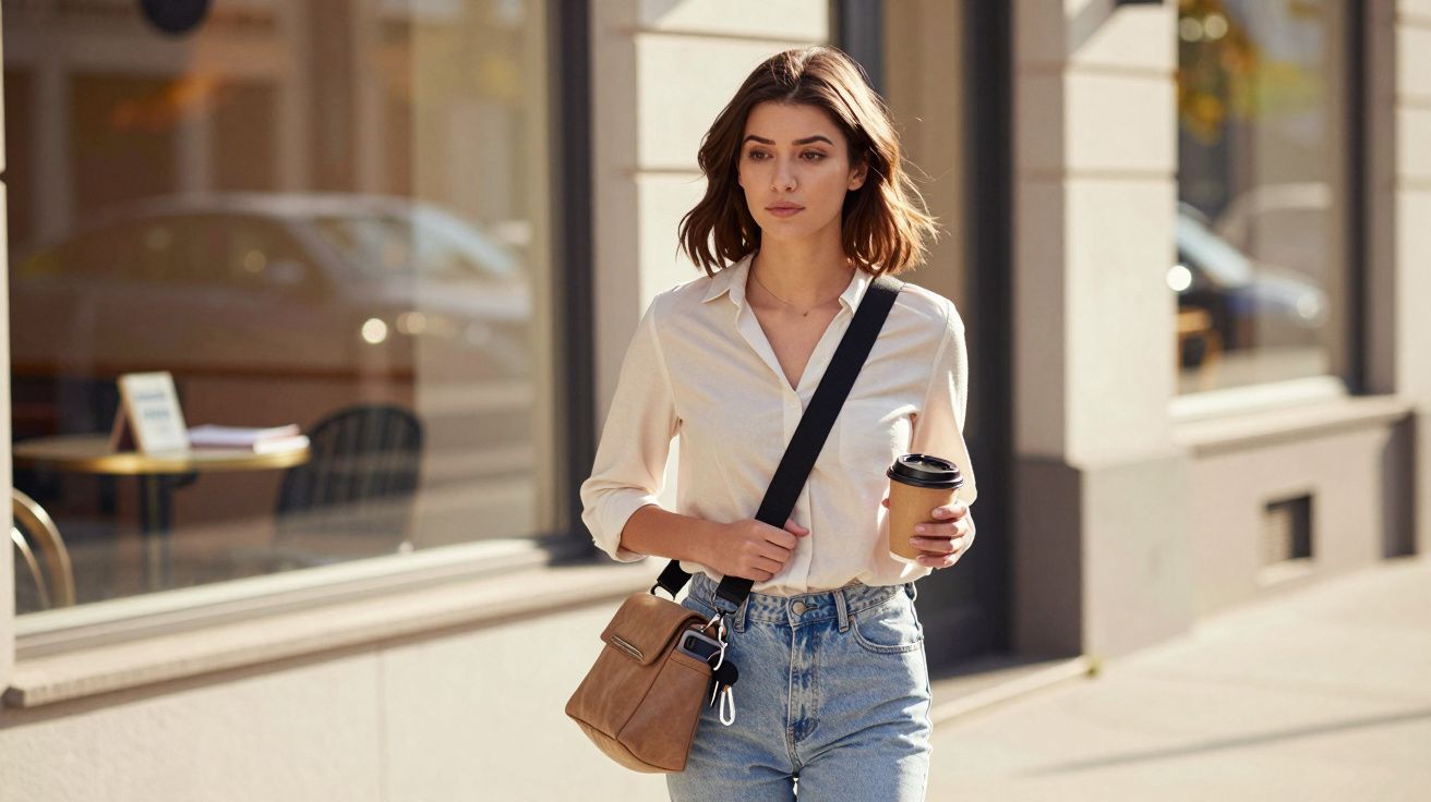 Mulher jovem caminhando na calçada com bolso transversal, segurando copo de café descartável.