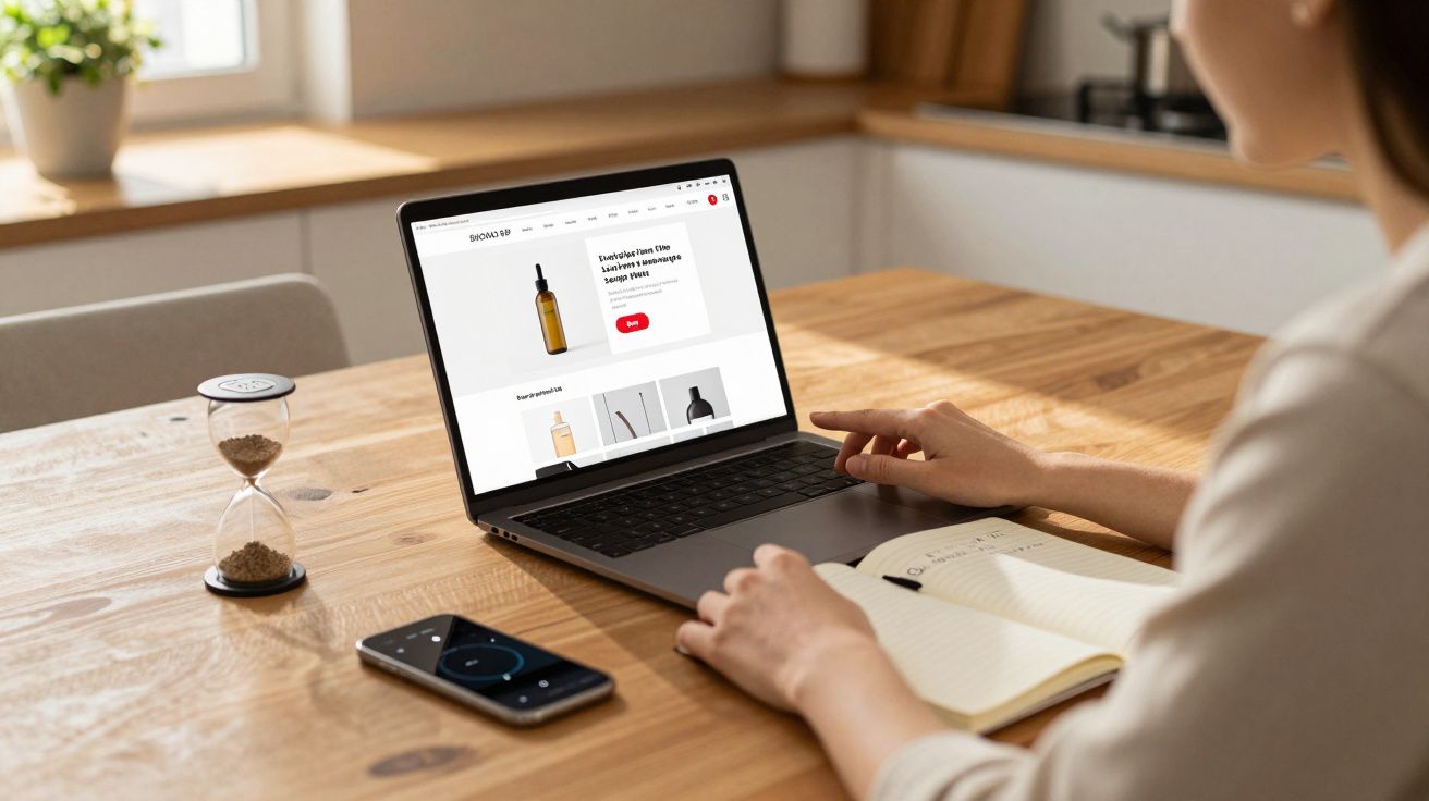 Pessoa navegando em loja virtual de cosméticos usando laptop em mesa de madeira, com celular e ampulheta.