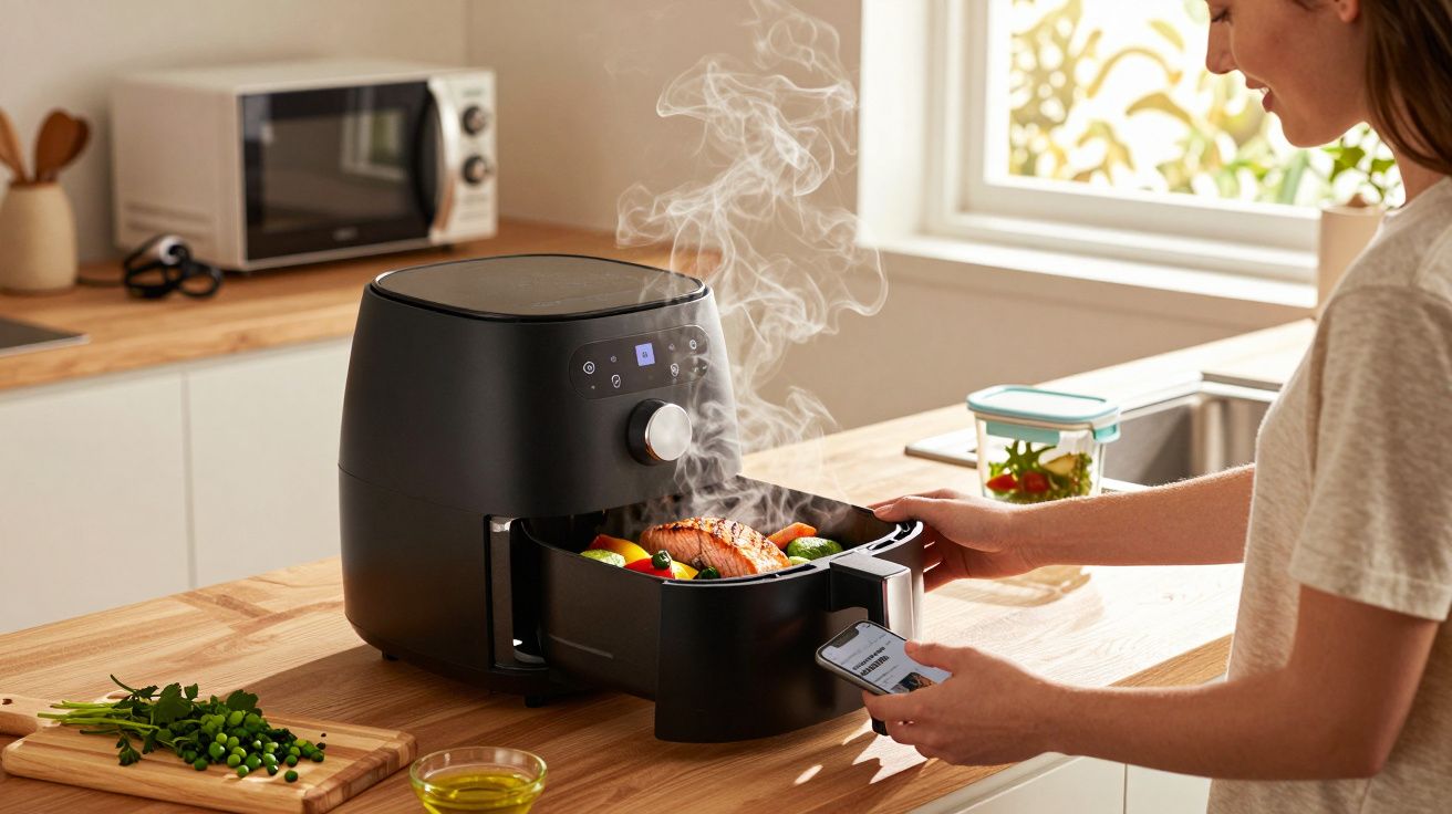 Pessoa usando air fryer preta para cozinhar salmão e legumes em cozinha clara, com vapor saindo do aparelho.