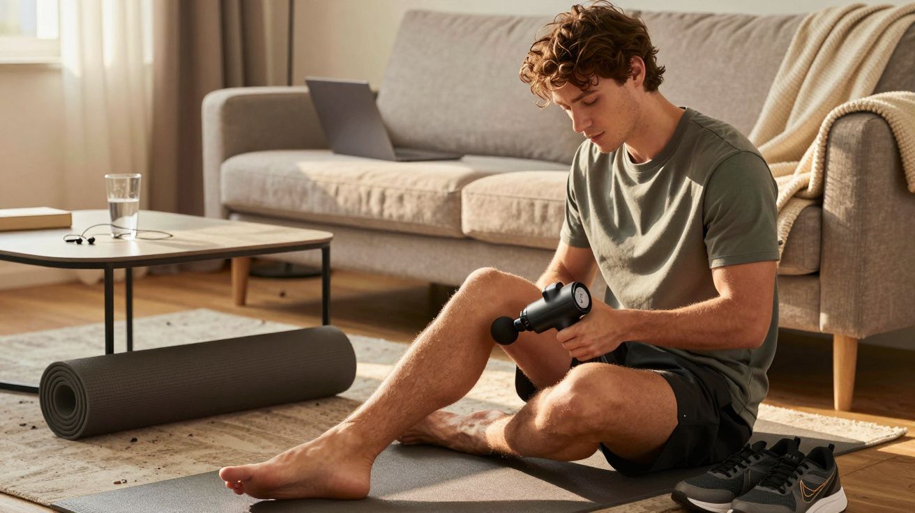 Homem sentado no chão usando massageador portátil na perna em sala com tapete e sofá.