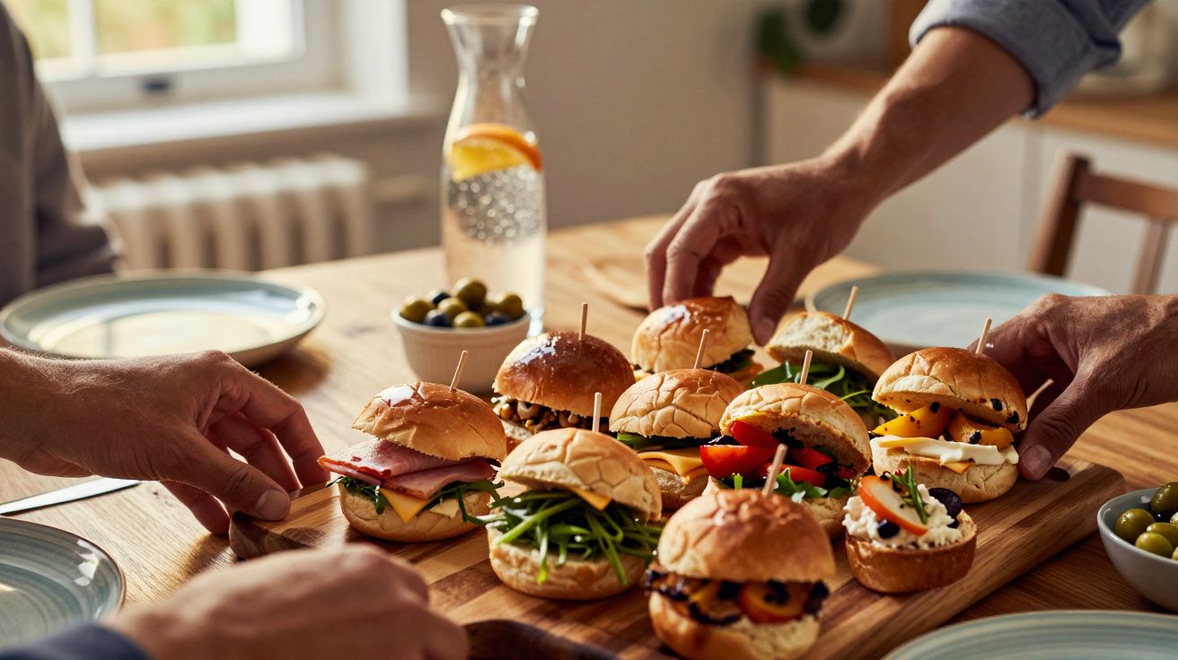 Mãos pegando mini hambúrgueres variados servidos em tábua de madeira em mesa com pratos e azeitonas.