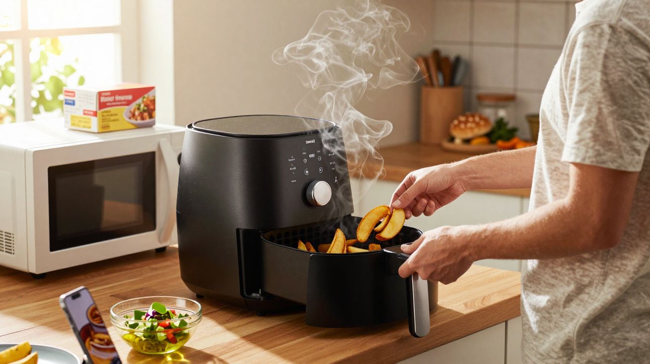 Pessoa tirando batatas fritas quentes de uma air fryer preta em uma cozinha iluminada.