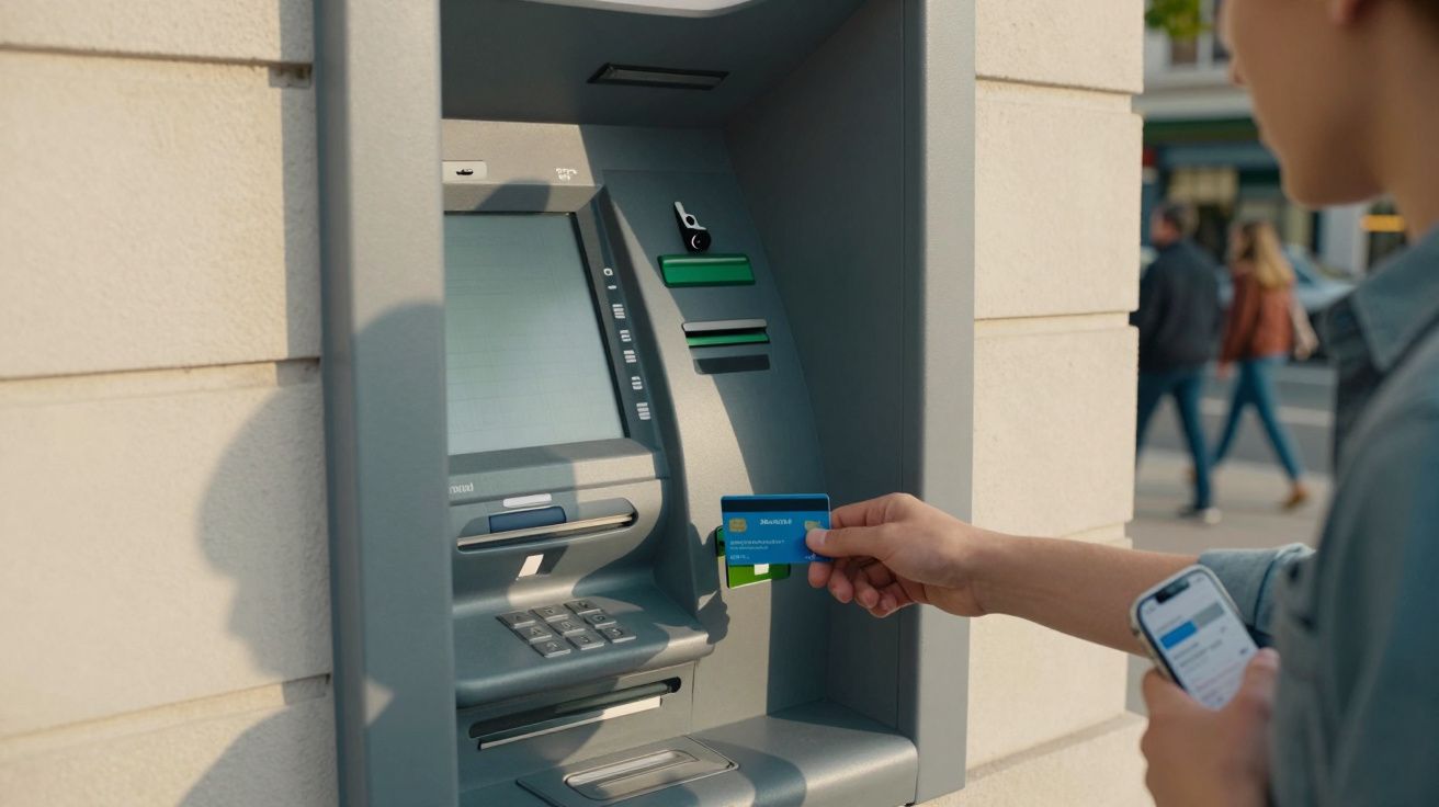 Pessoa inserindo cartão em caixa eletrônico na rua enquanto segura telefone celular.