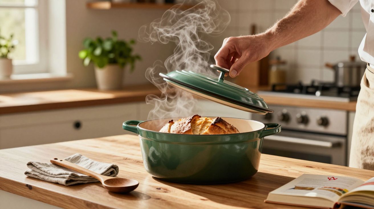 Pessoa abrindo tampa de panela verde com pão quente e vapor em cozinha iluminada e moderna
