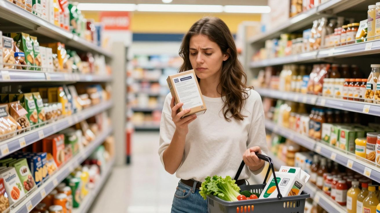 Mulher olhando embalagem de produto com dúvida enquanto faz compras em supermercado, segurando cesta com verduras.