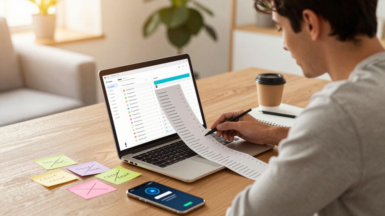 Pessoa revisando lista impressa junto a notebook, celular e post-its sobre mesa de madeira em ambiente iluminado.