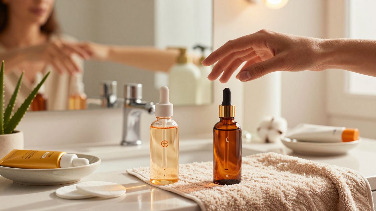 Frascos de sérum sobre toalha no banheiro, com uma mão feminina alcançando um deles e espelho ao fundo.