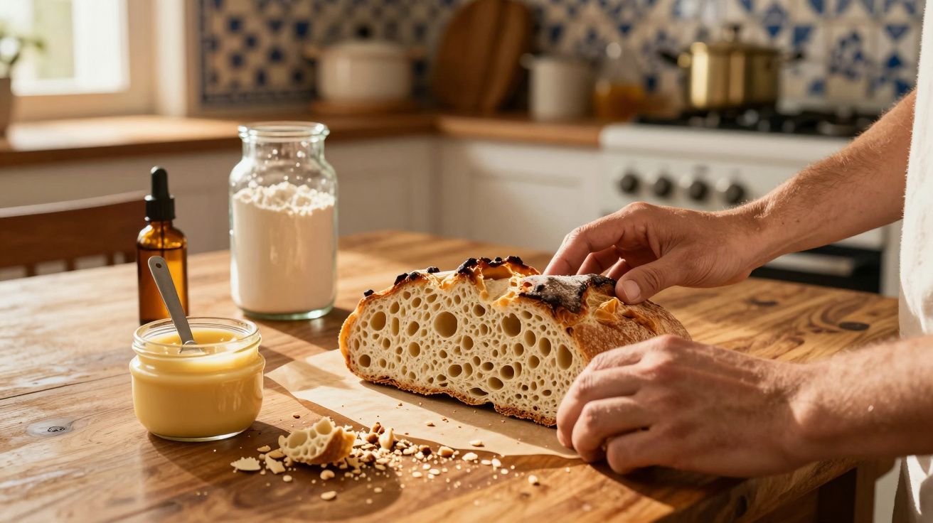 Mãos segurando pão artesanal com miolo aerado sobre bancada de madeira, com pote de creme e jarra de farinha ao fundo.