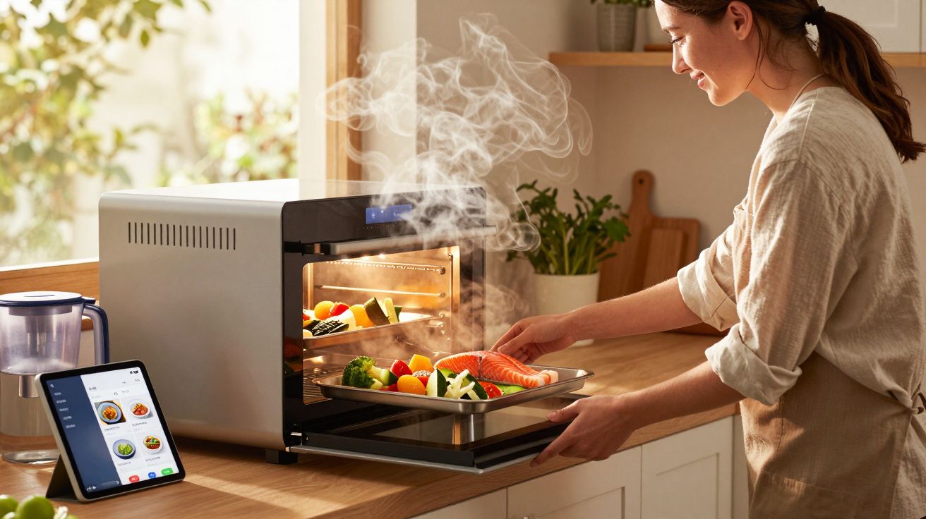 Mulher retirando prato com vegetais e salmão de forno elétrico em cozinha iluminada.