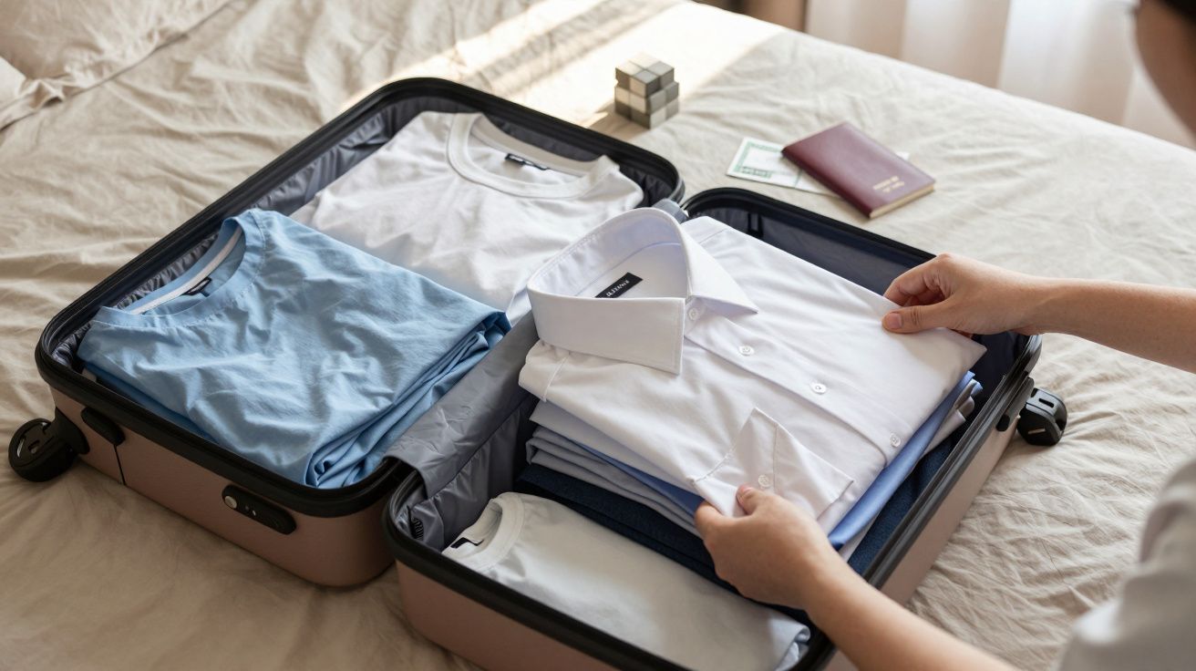 Pessoa organizando roupas dobradas dentro de uma mala aberta sobre a cama.