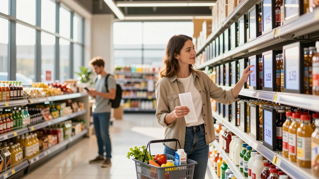 Mulher com cesta de compras escolhe produtos em prateleira digital de supermercado moderno.