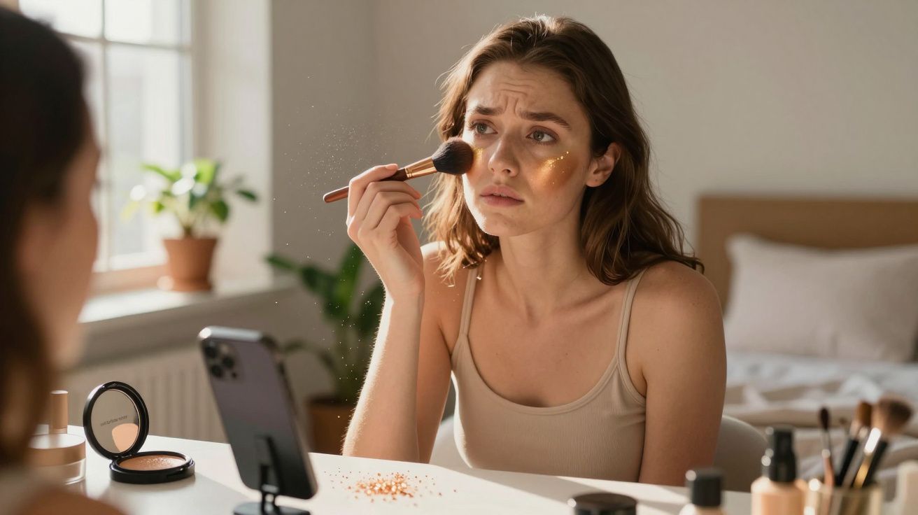 Mulher aplicando maquiagem com pincel, olhando no espelho na frente de uma mesa com produtos de beleza.