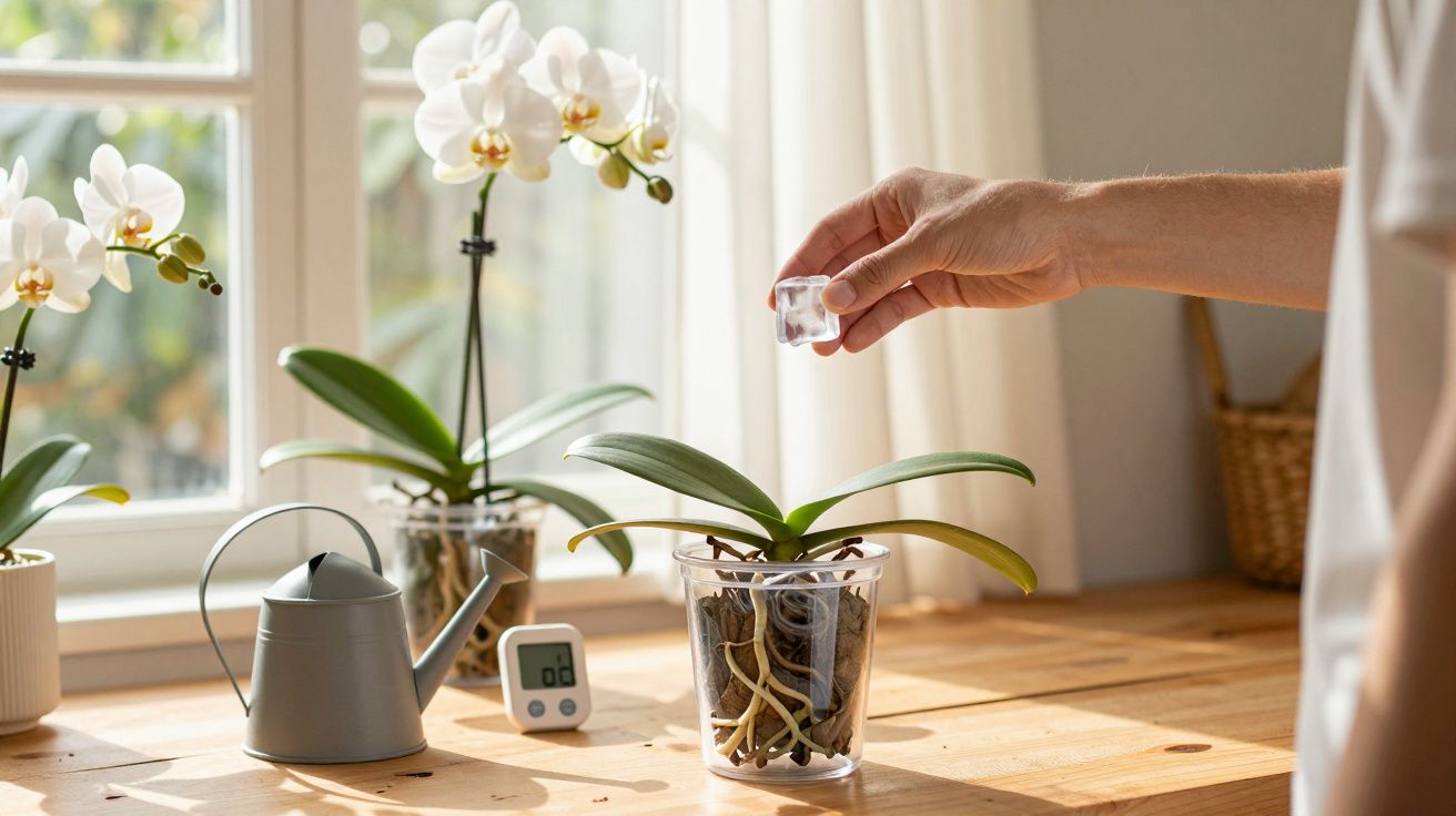 Mão segurando cubo de gelo para regar orquídea em vaso transparente sobre mesa de madeira.