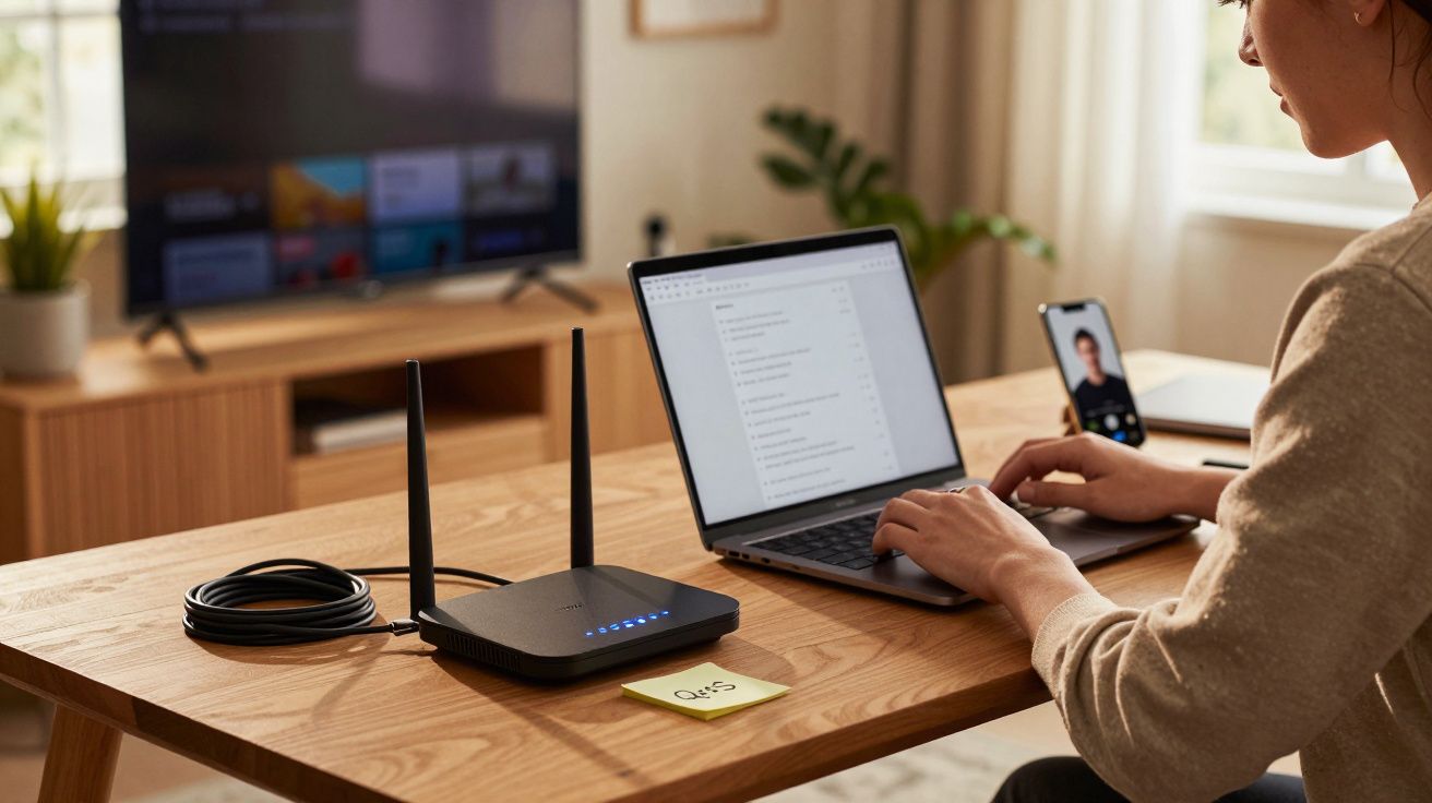 Pessoa trabalhando em laptop enquanto faz videochamada, com roteador e celular na mesa de madeira.