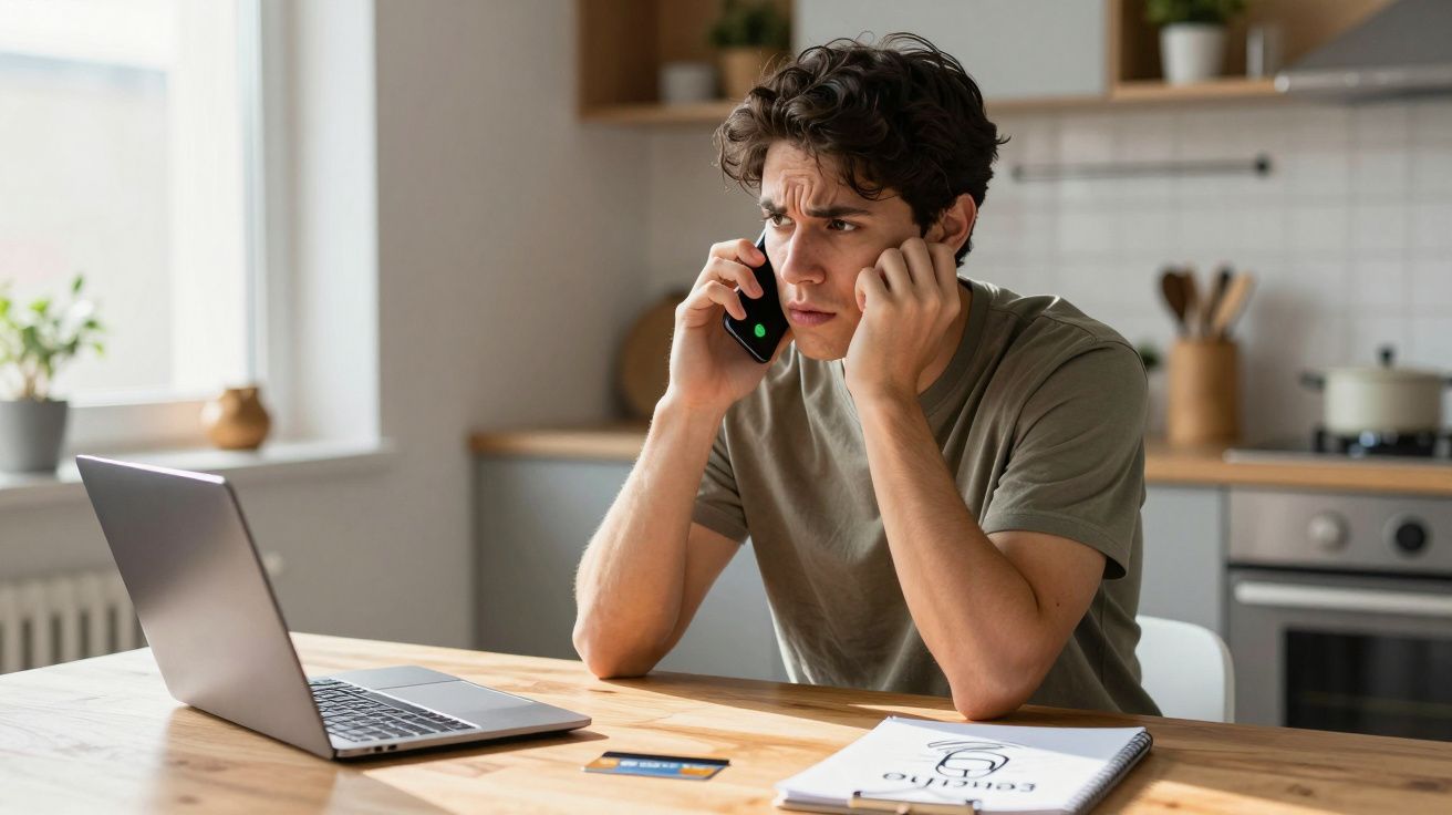 Jovem com expressão preocupada falando ao telefone em cozinha, sentado à mesa com laptop e documentos.