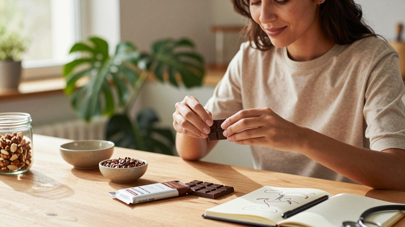 Mulher sorrindo enquanto quebra pedaço de chocolate em mesa com notebook aberto e potes de castanhas.