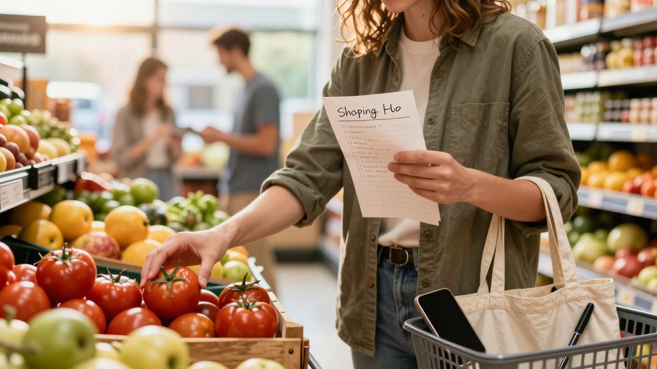 Pessoa segurando lista de compras e escolhendo tomates em supermercado com cesta e smartphone.