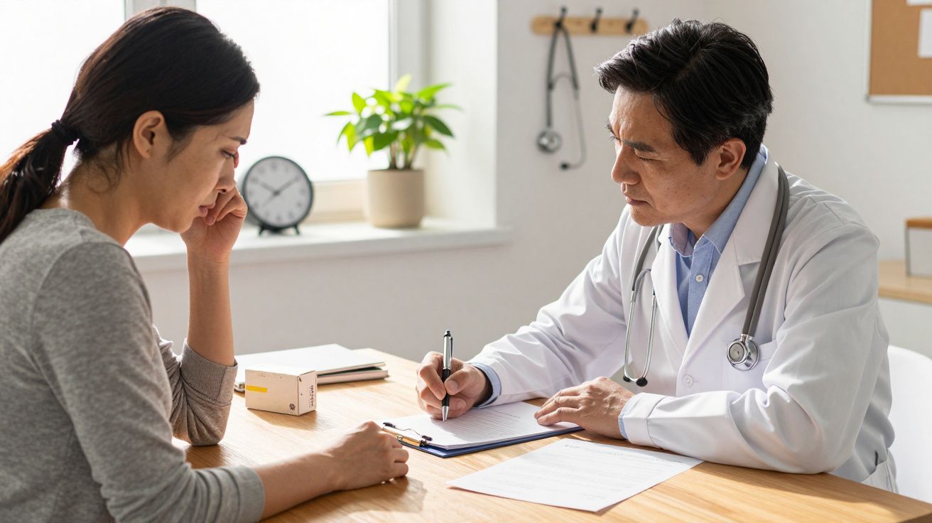 Médico consultando paciente mulher em ambiente clínico, com prancheta e anotações numa mesa clara.