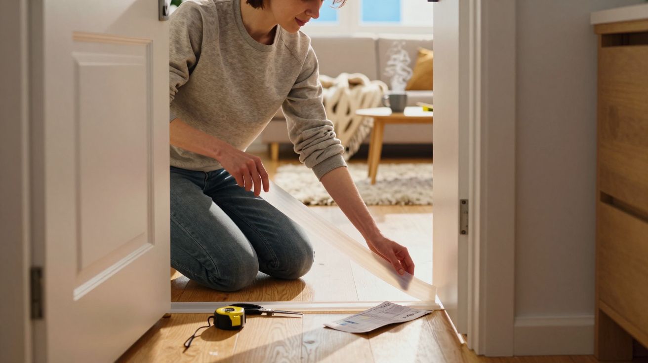 Mulher medindo a largura de um batente de porta com uma trena em um ambiente doméstico.