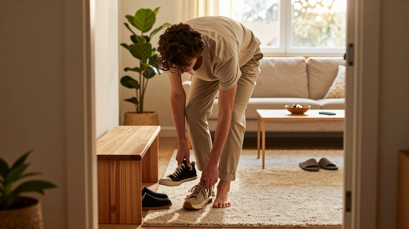 Homem vestindo roupa bege calçando tênis branco dentro de sala com sofá e plantas.