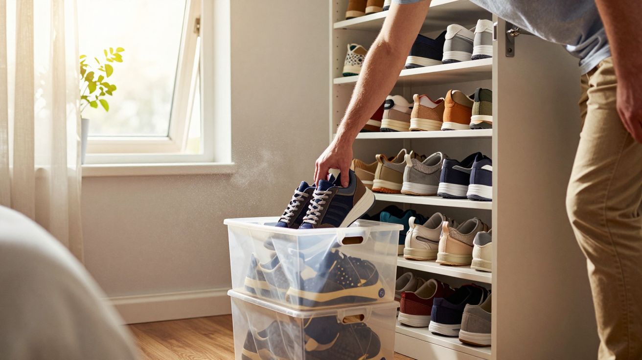 Pessoa guardando tênis em caixa transparente próxima a sapateira com vários pares organizados.