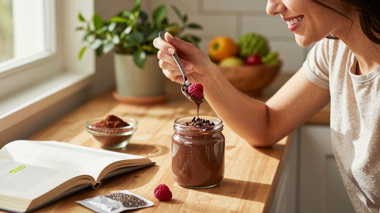 Mulher sorrindo prepara sobremesa de chocolate com framboesa, livro aberto e ingredientes sobre mesa de madeira.