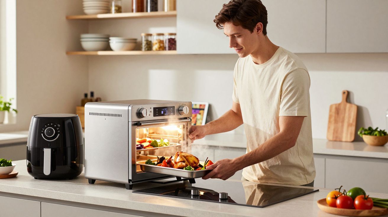 Homem retira assado de forno elétrico moderno em cozinha clara e equipada.
