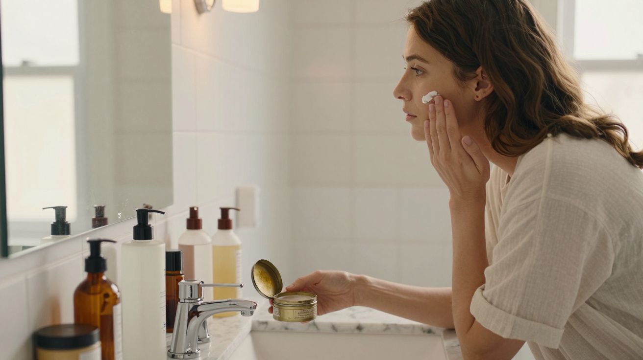 Mulher aplicando creme facial no rosto em banheiro moderno com frascos de cosméticos no balcão.