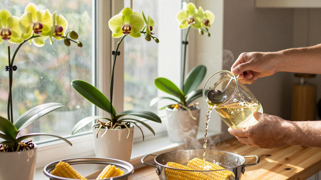 Mãos despejando líquido quente em espigas de milho em panela com vasos de orquídeas ao fundo.
